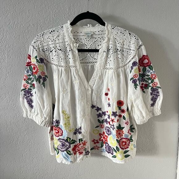 Sundance Tops - Sundance Floral Embroidered Lace Detail White Linen Blouse